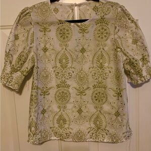 Embroidered Short Sleeve Women’s Top - Green on Cream